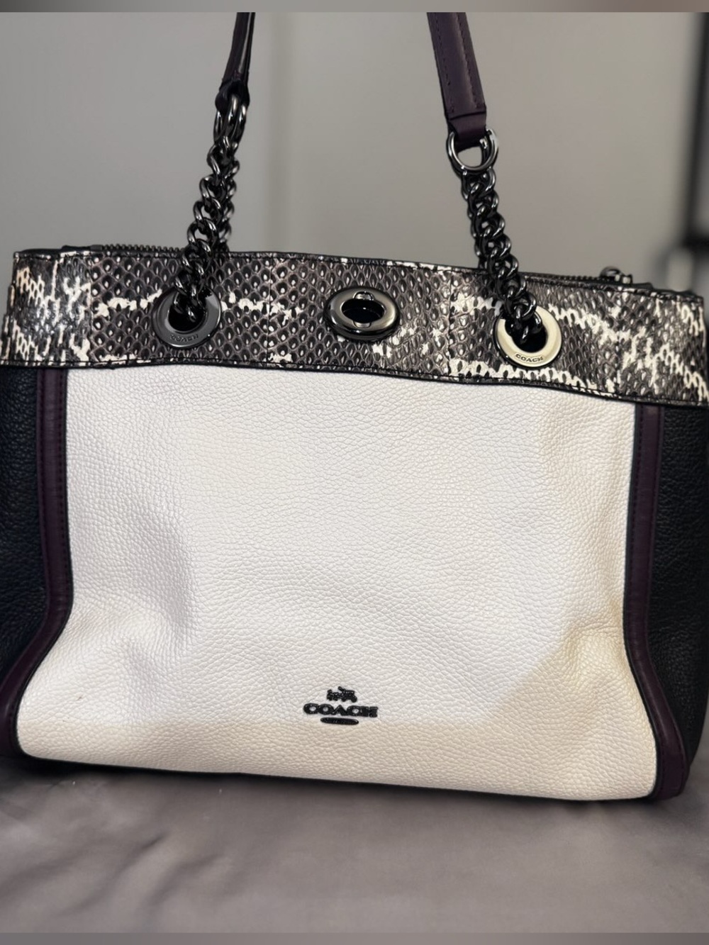 Coach White Pebbled Leather Tote with Snake-Print Trim and Purple Accents